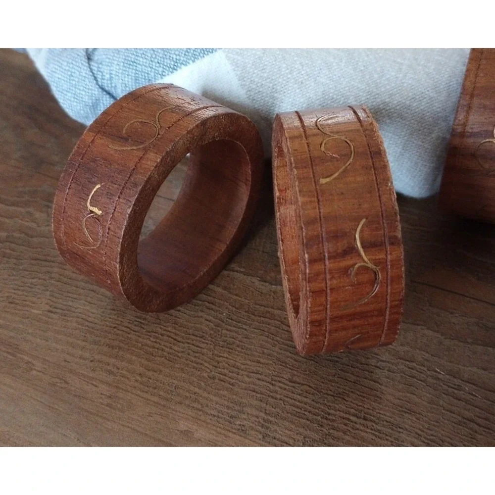 VTG Mid-Century Modern Set of 6 Wood Napkin Rings W/ Brass Inlay Made in India